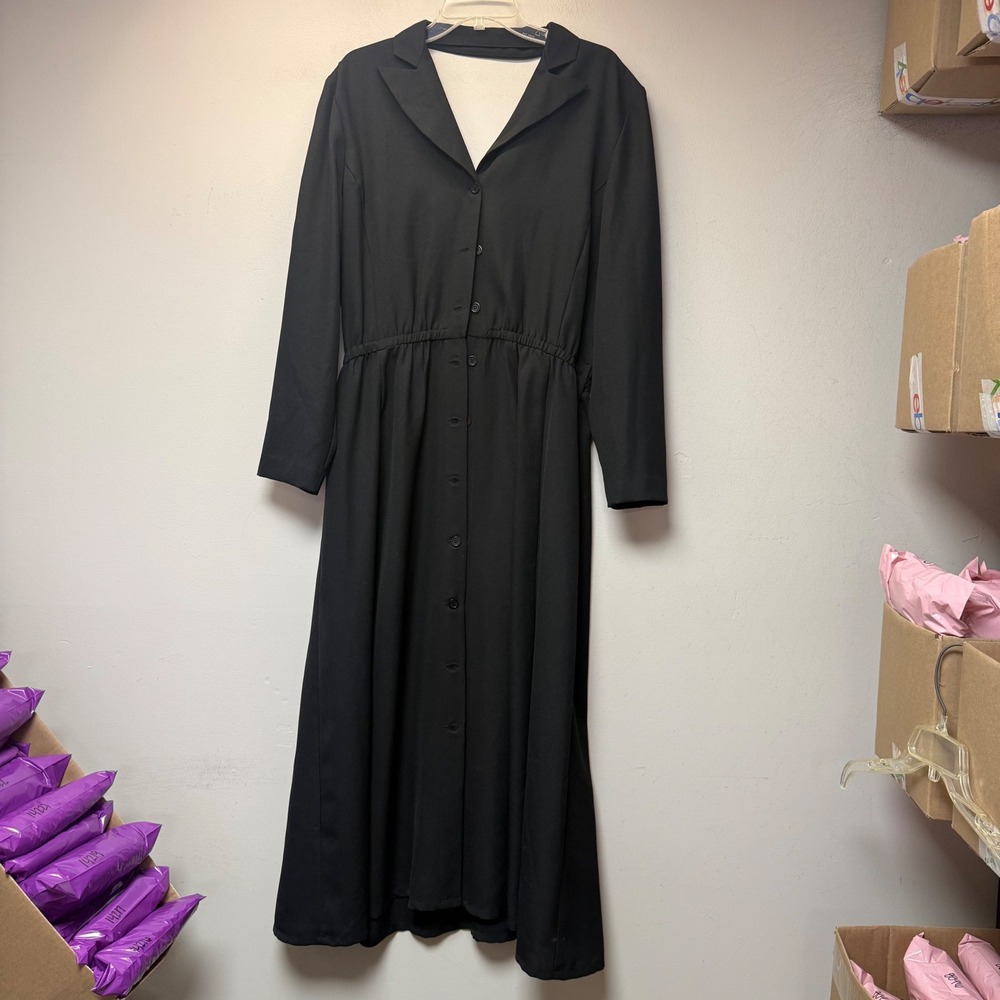 Together! Maxi Dress Women 16 Black Excellent Vintage USA Made Button Front